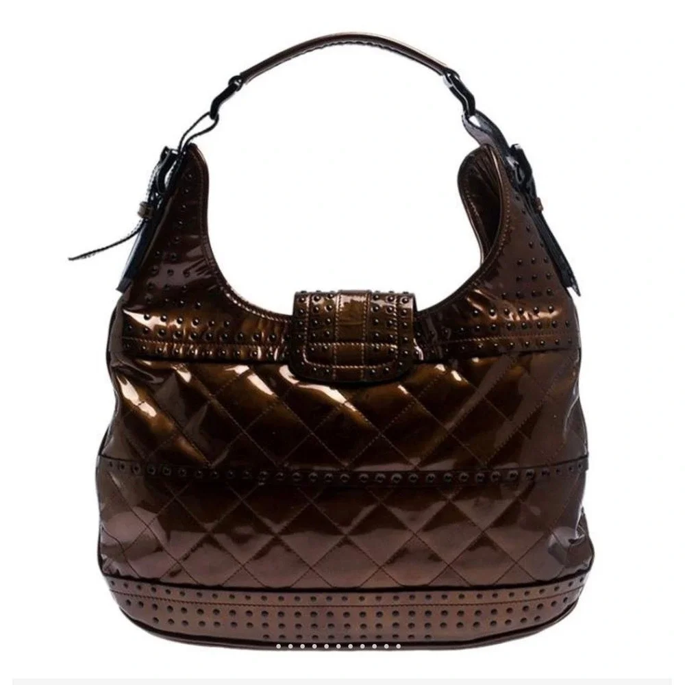 Burberry Prorsum Metallic Bronze Quilted Patent Leather Studded Hobo‎ Bag Italy